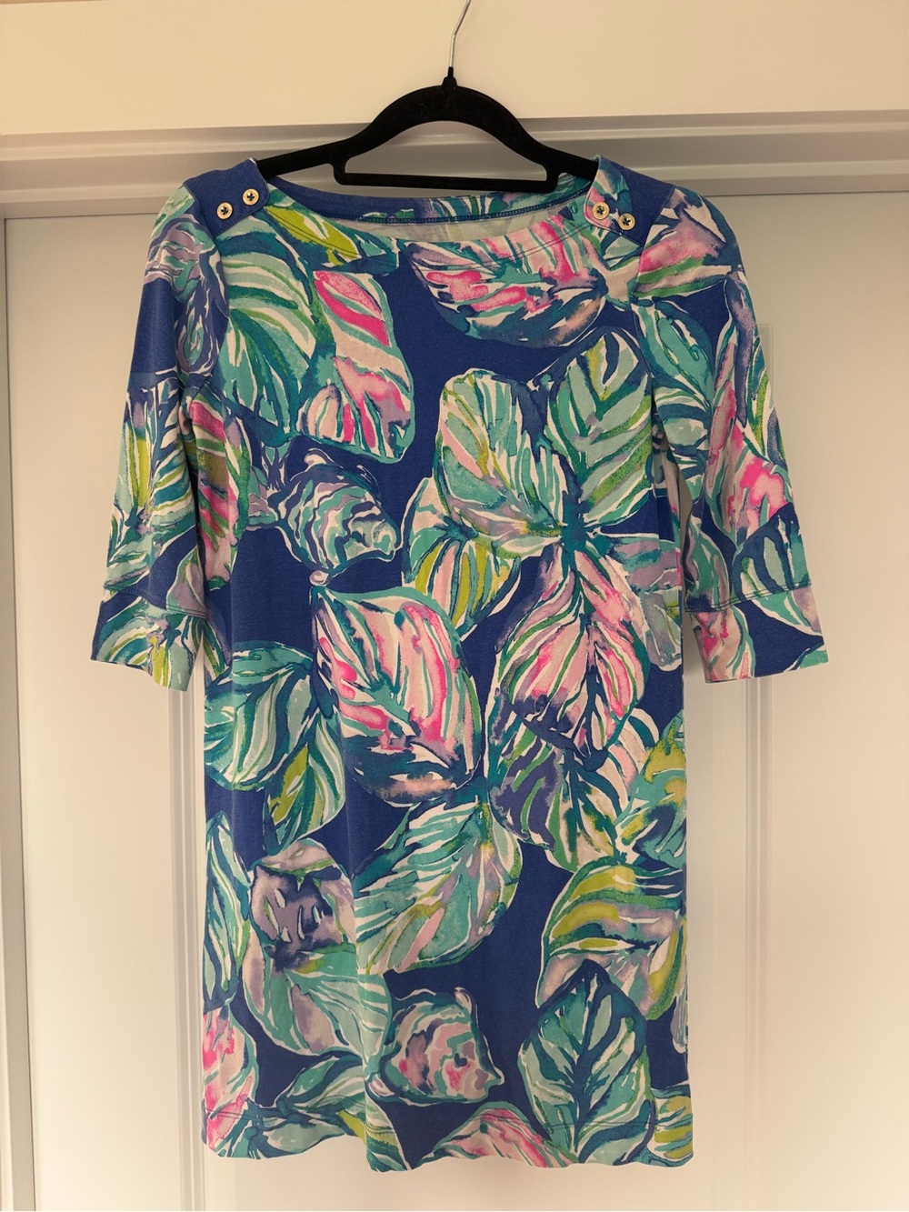 Lilly Pulitzer Blue Tropical Leaf Boatneck Dress Large 8-10